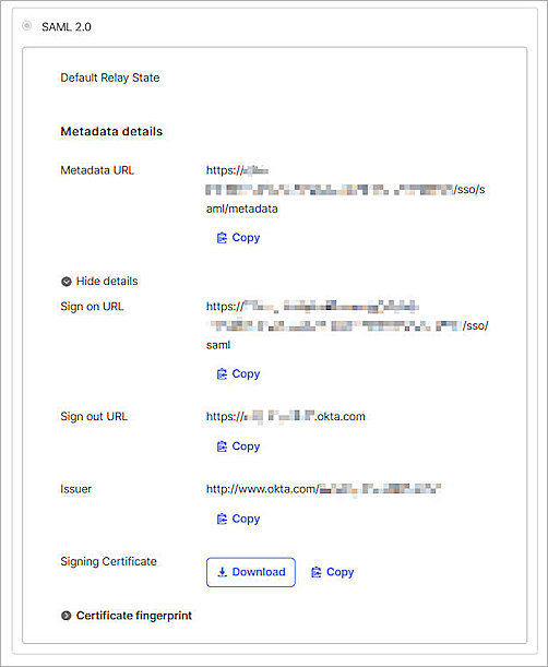 Screenshot of Okta, metadata detail of the SAML application